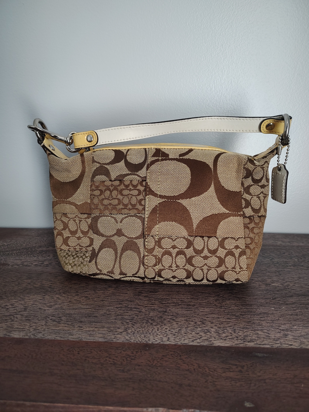 Coach Patchwork Signature Mini Shoulder Bag in Brown and Cream